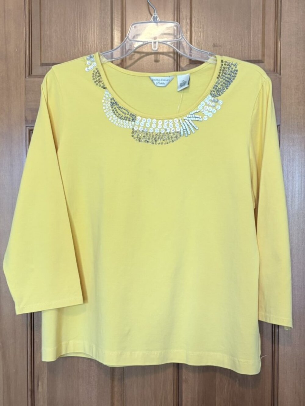Laura Ashley Petites Yellow 3/4 Sleeve Sequin Neckline Embellished Top Petite Lg